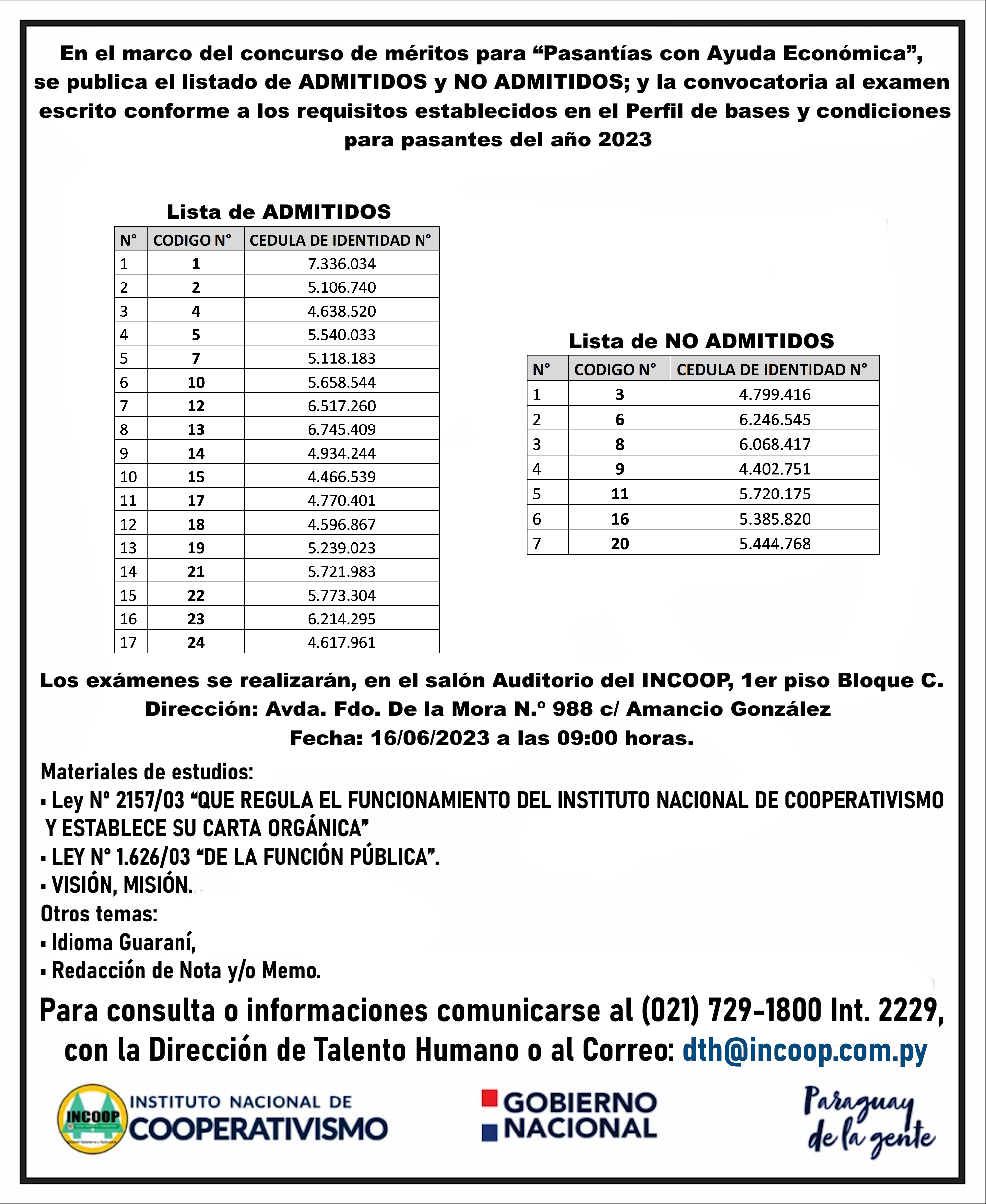 Lista de admitidos y no concurso incoop 2023 flyer final