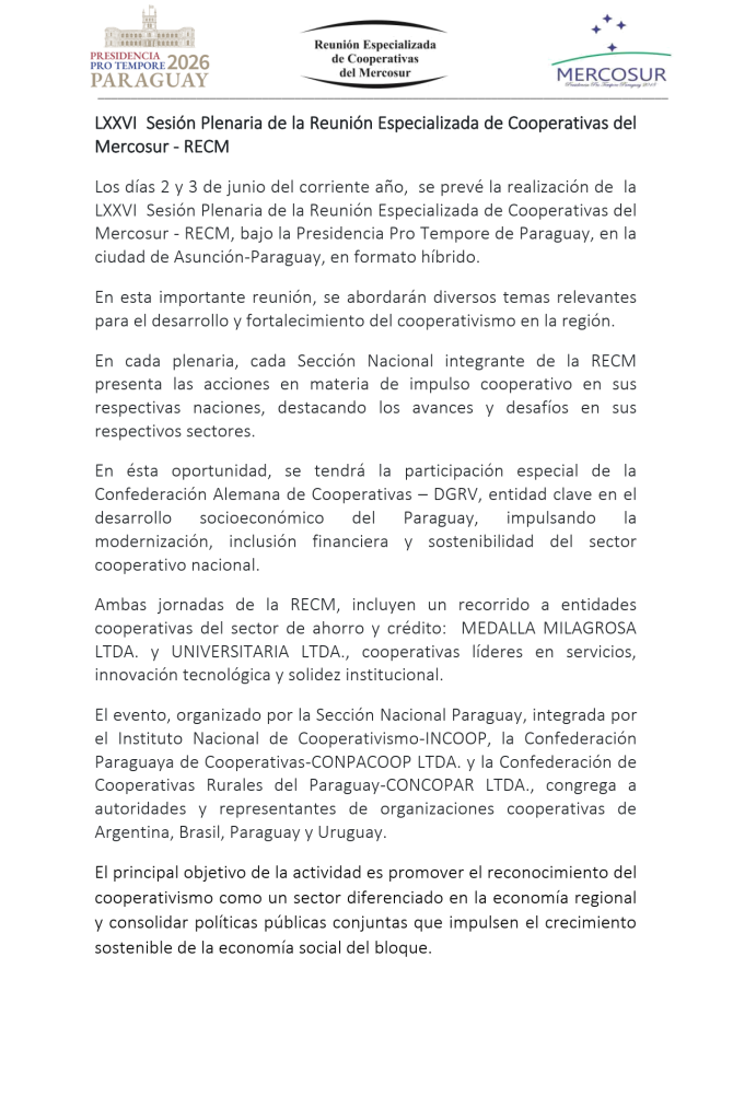 LXXVI Sesión Plenaria de la Reunión Especializada de Cooperativas del Mercosur – RECM